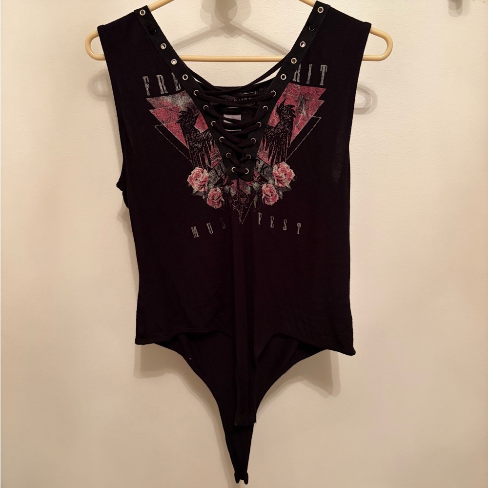 Polly & Esther Black Lace-Up Bodysuit with Graphic Design